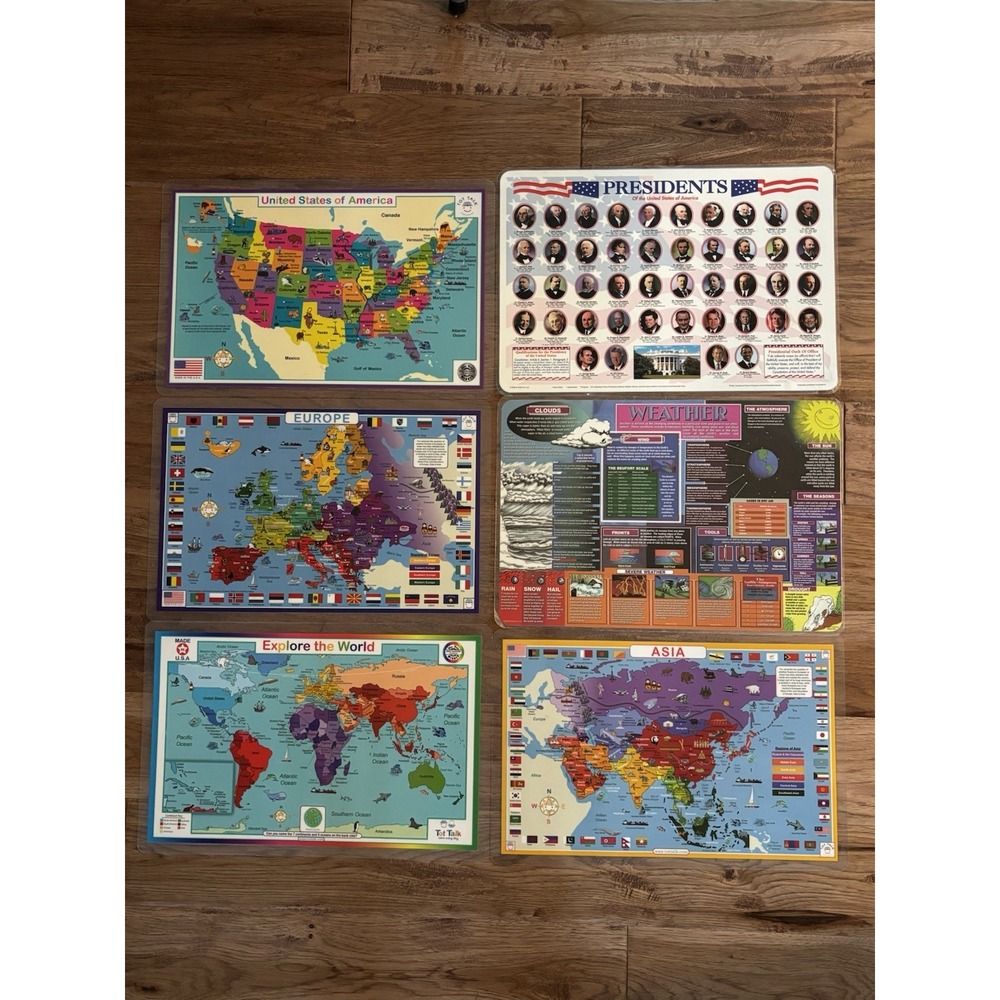 6 Learning Educational Placemats Weather Presidents World Maps US Dry Erase
